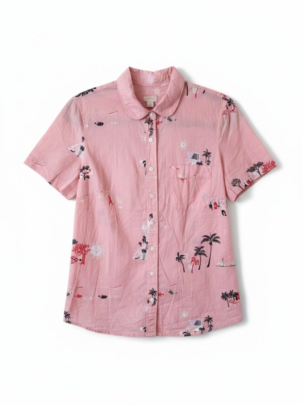 J. Crew Pink Cotton Button-Up Short Sleeved Shirt Tropical Print Womens Small